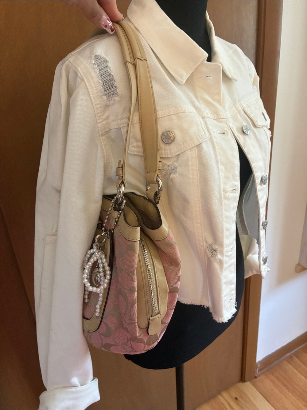 Coach Pink Signature Canvas Shoulder Bag with Beige Trim and Charm - Picture 12 of 12